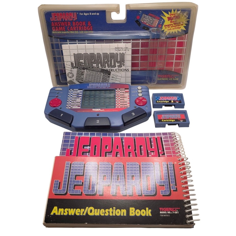 Tiger Electronics Jeopardy Hand Held Game With Cartridges & Answer Question Book